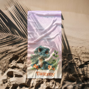 Cute Green Alligator Cloud Sky Girl Beach Towel