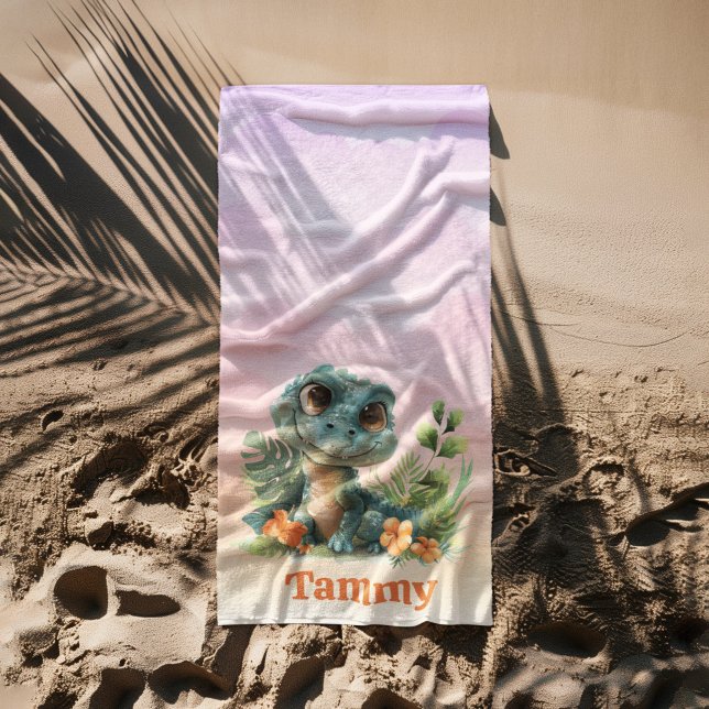 Cute Green Alligator Cloud Sky Girl Beach Towel (Creator Uploaded)