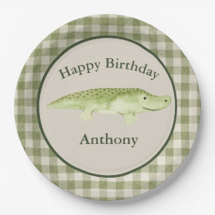 Cute Green Alligator Watercolor Name Birthday Paper Plate