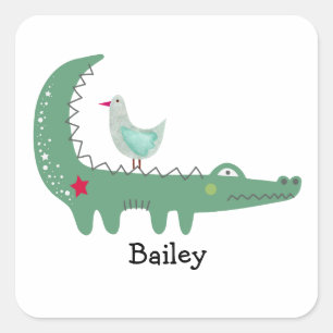 Cute Green Alligator with Seagull on Its Back Square Sticker