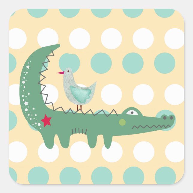 Cute Green Alligator with Seagull Polka Dots Square Sticker (Front)