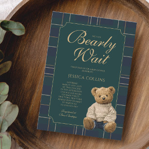 Cute Green and Blue We Can Bearly Wait Baby Shower Invitation