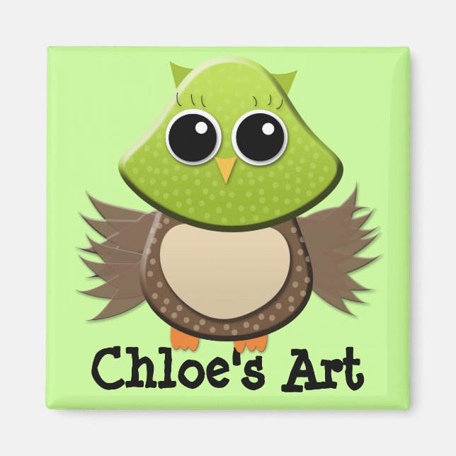 Cute Green and Brown Owl Child's Artwork Magnet (Front)