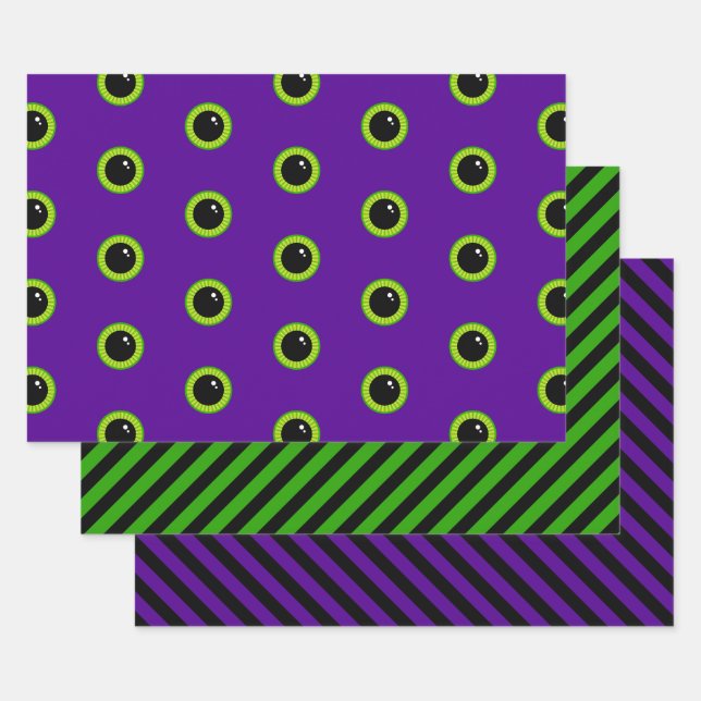 Cute Green and Purple Monster Eyes and Stripes Wrapping Paper Sheet (Set)