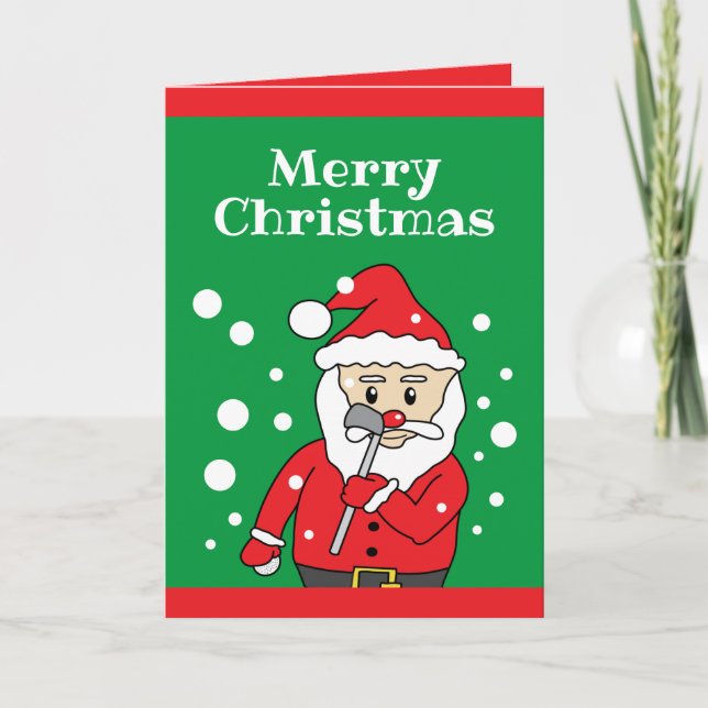 Cute Green and Red Funny Golf Santa Claus Holiday Card (Front)