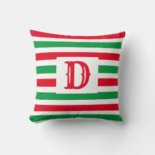 Cute Green and Red Striped Design Single Initial Cushion