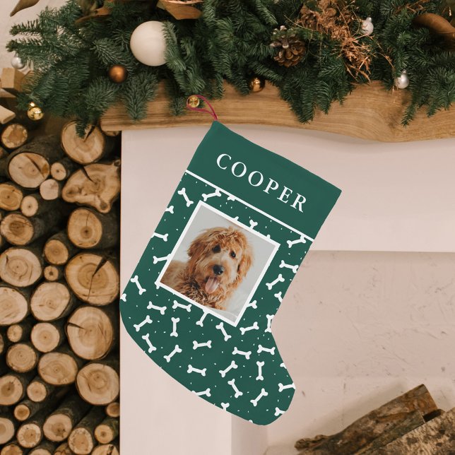 Cute Green and White Dog Bone Pattern Dog Photo Small Christmas Stocking (Creator Uploaded)