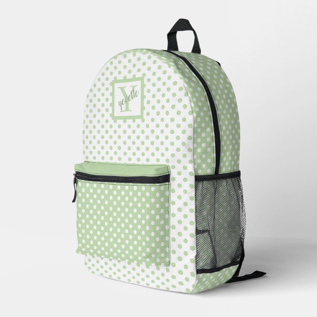 Cute Green and White Polka Dots Printed Backpack (Back Corner Right)