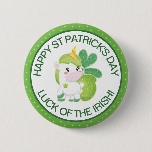 Cute Green and White St Patrick's Unicorn & Clover 6 Cm Round Badge