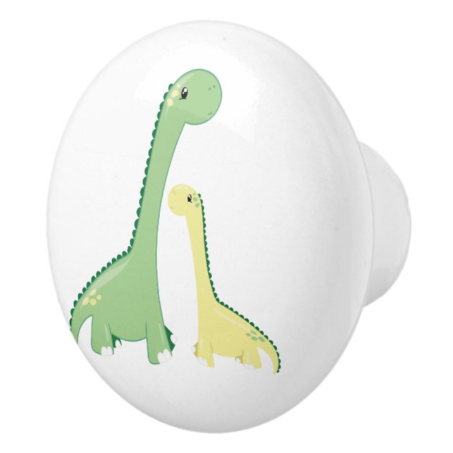 Cute Green and Yellow Brontosaurus Dinosaurs Ceramic Knob (Right)