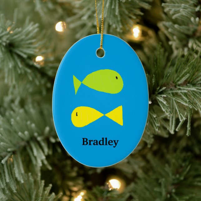 Cute green and yellow fishes on blue ceramic tree decoration (Tree)