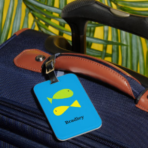 Cute green and yellow fishes on blue luggage tag