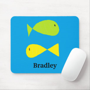 Cute green and yellow fishes on blue mouse pad