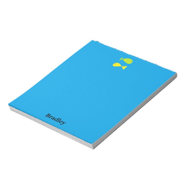 Cute green and yellow fishes on blue notepad (Rotated)