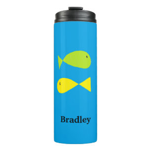 Cute green and yellow fishes on blue thermal tumbler