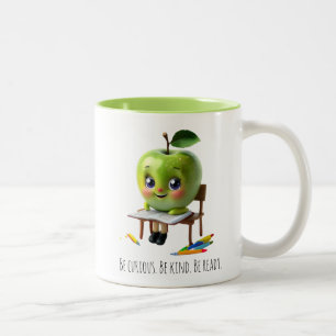 Cute Green Apple Student – Be Curious Quote Design Two-Tone Coffee Mug