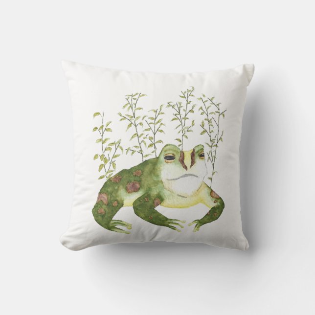 Cute Green Artistic Watercolor Frog Cushion (Front)