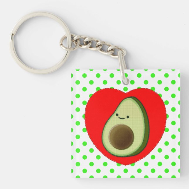 Cute Green Avocado Cartoon In Red Heart Key Ring (Front)