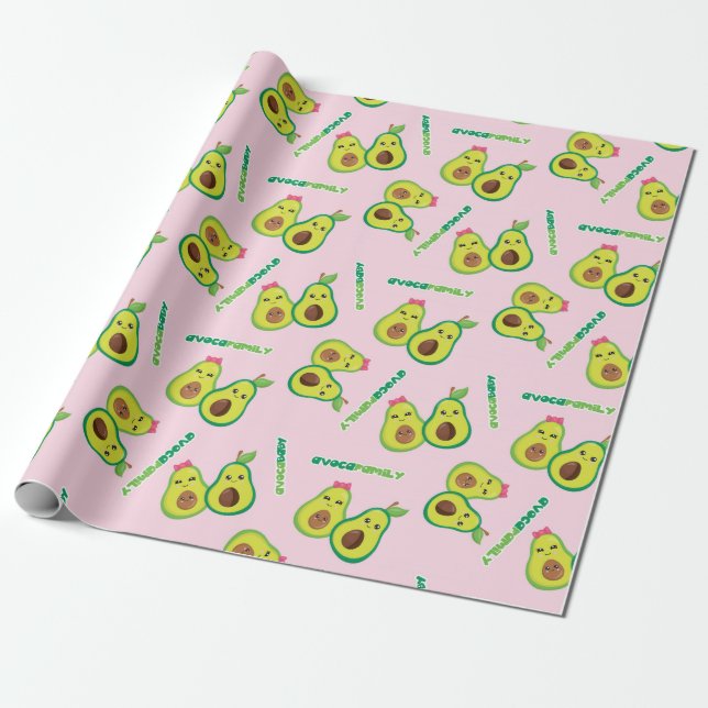 Cute Green Avocado Family on Purple Wrapping Paper (Unrolled)