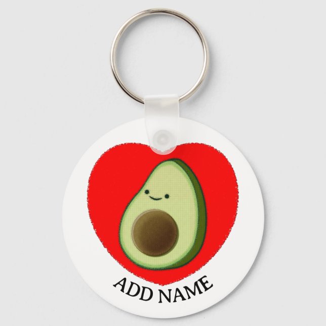 Cute Green Avocado In Red Heart Custom Name Key Ring (Front)