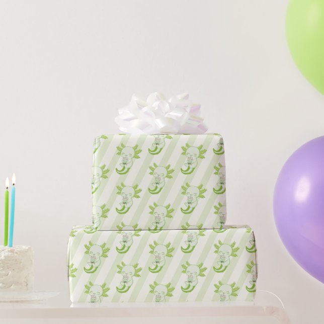 Cute Green Axolotl Boba Tea Kids Birthday Party Wrapping Paper (Party Gifts)