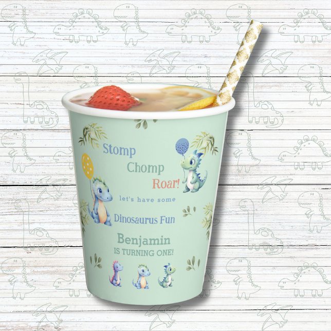 Cute Green Baby Boy Dinosaur 1st Birthday Party Paper Cups (Creator Uploaded)