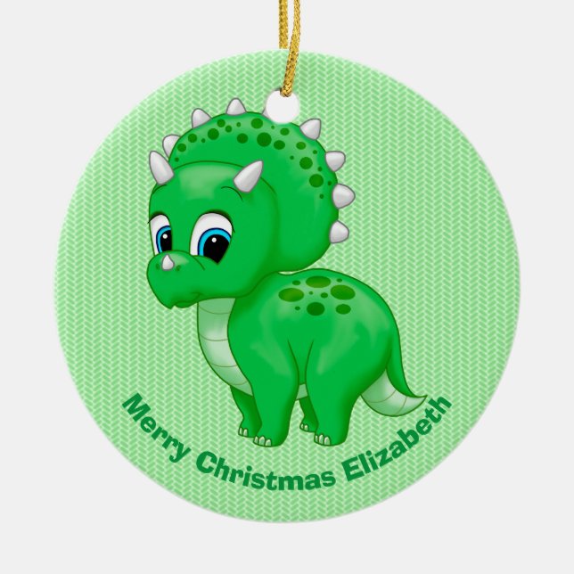 Cute Green Baby Triceratops Dinosaur Ceramic Tree Decoration (Front)
