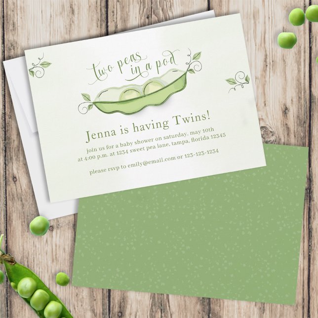 Cute Green Baby Twins Botanical Two Peas in a Pod Invitation (Creator Uploaded)