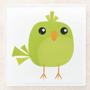 Cute Green Bird Cartoon Glass Coaster