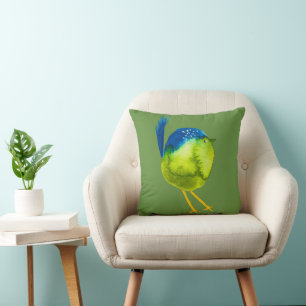 Cute green bird watercolor cushion