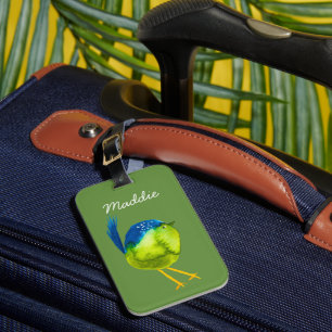 Cute green bird watercolor luggage tag
