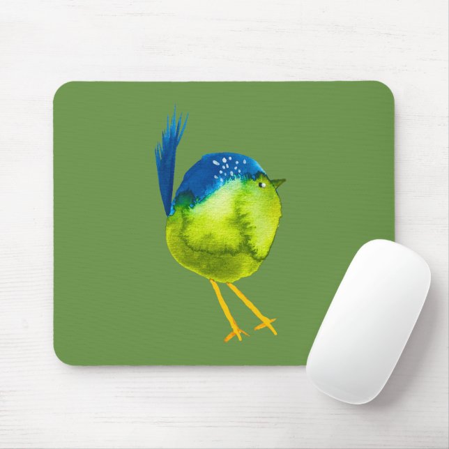 Cute green bird watercolor mouse pad (With Mouse)