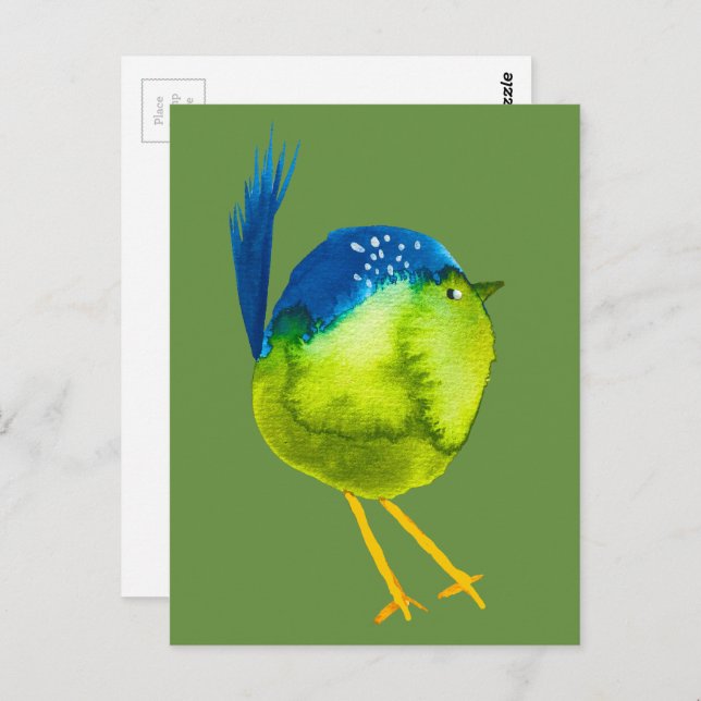 Cute green bird watercolor postcard (Front/Back)