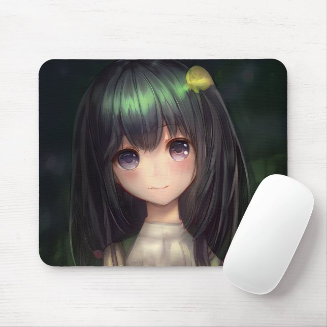 Cute Green Black Hair Manga Girl Waifu Kawaï Anime Mouse Pad (With Mouse)