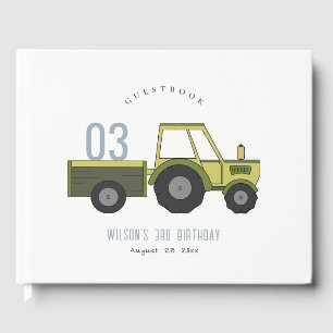 Cute Green Blue Farm Tractor Kids Any Age Birthday Guest Book