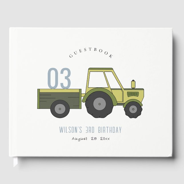 Cute Green Blue Farm Tractor Kids Any Age Birthday Guest Book (Front)
