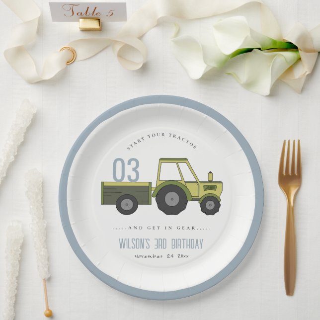 Cute Green Blue Farm Tractor Kids Any Age Birthday Paper Plate (Wedding)