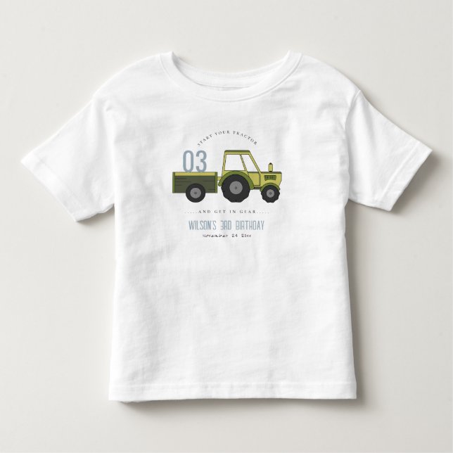 Cute Green Blue Farm Tractor Kids Any Age Birthday Toddler T-Shirt (Front)