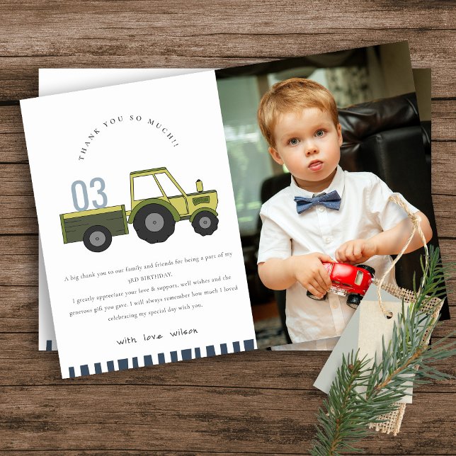 Cute Green Blue Farm Tractor Kids Photo Birthday Thank You Card (Creator Uploaded)