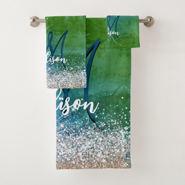 Cute green blue faux gold glitter monogram bath towel set (Insitu)