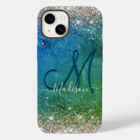 Cute green blue faux gold glitter monogram