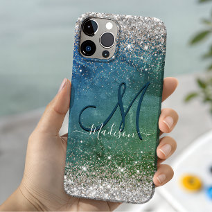 Cute green blue faux gold glitter monogram Case-Mate iPhone 14 case