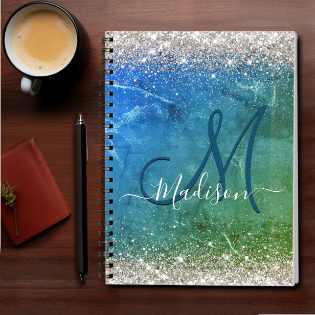 Cute green blue faux gold glitter monogram notebook (Creator Uploaded)