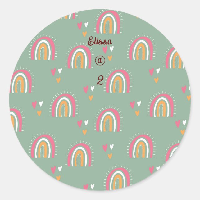 Cute Green Boho Rainbow Birthday Custom Name Classic Round Sticker (Front)