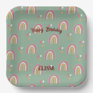 Cute Green Boho Rainbow Birthday Custom Name Paper Plate