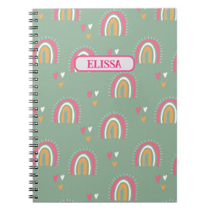 Cute Green Boho Rainbow Heart Name Personalised Notebook