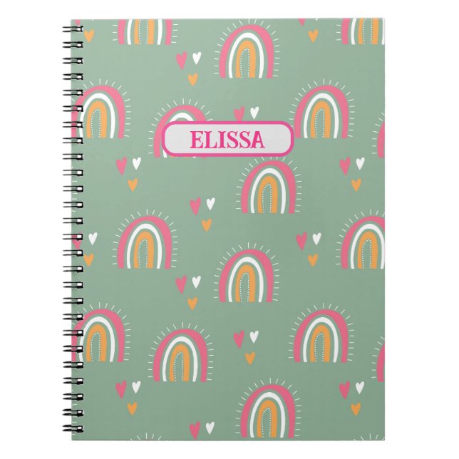 Cute Green Boho Rainbow Heart Name Personalised Notebook (Front)