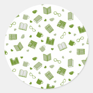 Cute Green Book and Reading Pattern Classic Round Sticker