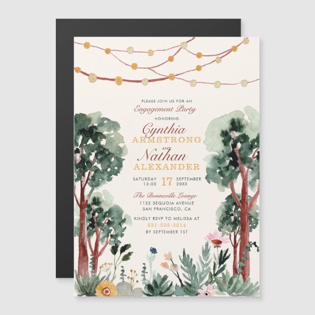 Cute Green Botanical Trees Floral Engagement Party Magnetic Invitation (Front/Back)