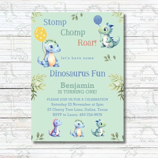 Cute Green Boy Dinosaur 1st Birthday Party Invitation (Creator Uploaded)